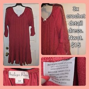 Indigo Rose Red Long Sleeve Crochet Dress